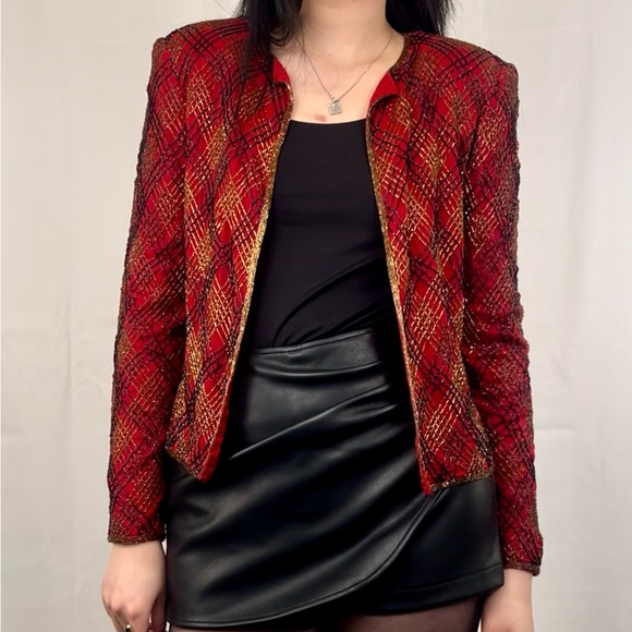 Vintage Papell Boutique Red and Gold Sequins Plaid Cropped Silk Evening Jacket - Picture 1 of 8